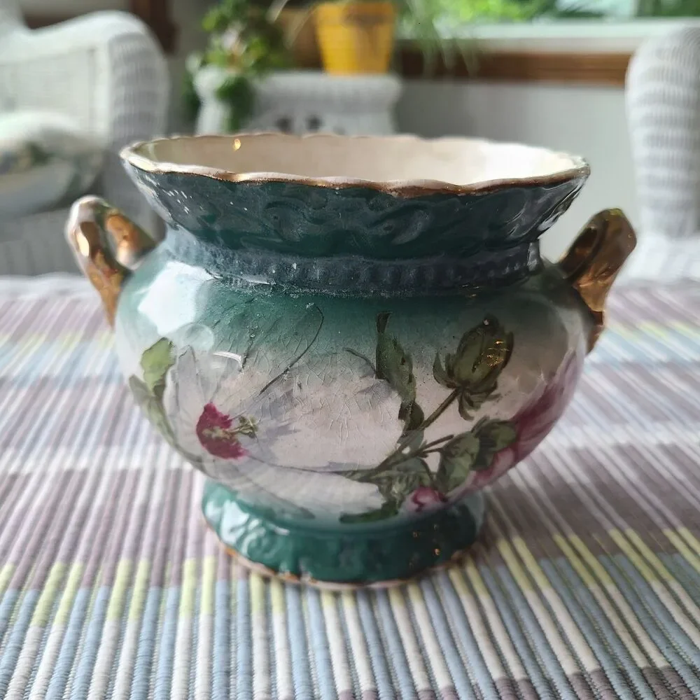 W.P. La Belle China Antique Hand Painted Porcelain Vase & Jardiniere Planter Set